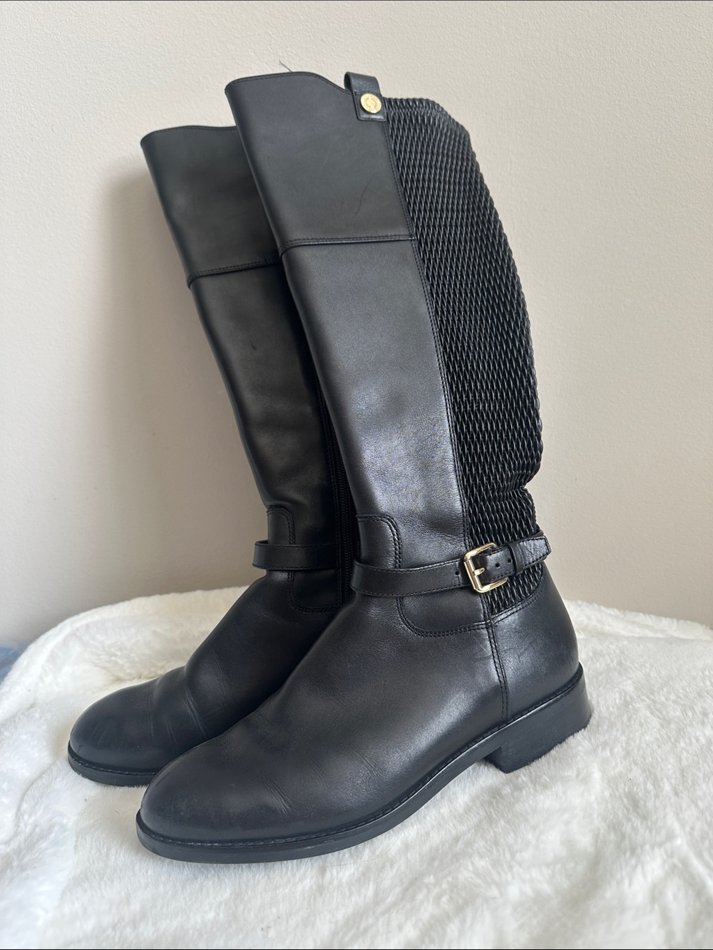 Cole Haan Black Over-the-Knee Leather Riding Boots with Buckle Detail
